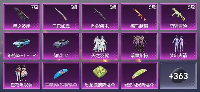 和平精英2载具 5升级枪 4粉装 1尾迹 214枪皮 174套装 67919热力 8印记 王牌
