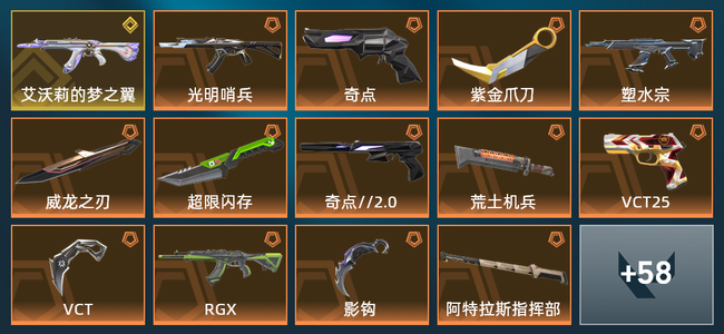 无畏契约13橙皮 1金皮 7紫皮 72皮肤 34070皮肤总价值 1090已用源晶 白银