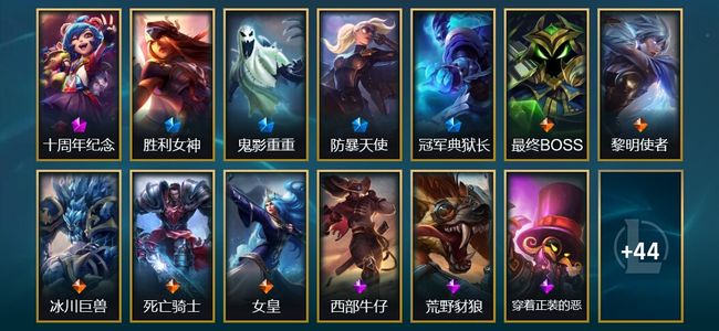 英雄联盟（LOL）1神话 4限定 5传说 57皮肤 103英雄