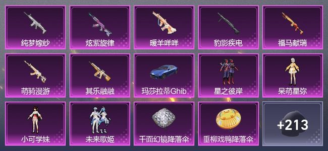 和平精英1载具 7升级枪 5粉装 3尾迹 122套装 5,6210热力 12印记
