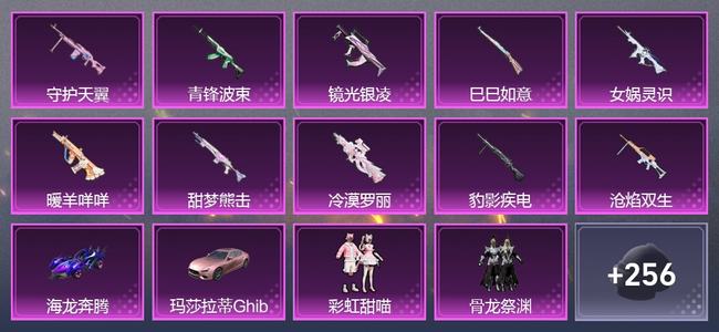 和平精英2载具 10升级枪 12粉装 4尾迹 222枪皮 167套装 7,5425热力 12印记