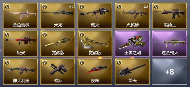 穿越火线（CF）1王者武器 1炫金武器 20V武器 1V角色 10皮肤 可排位 新锐