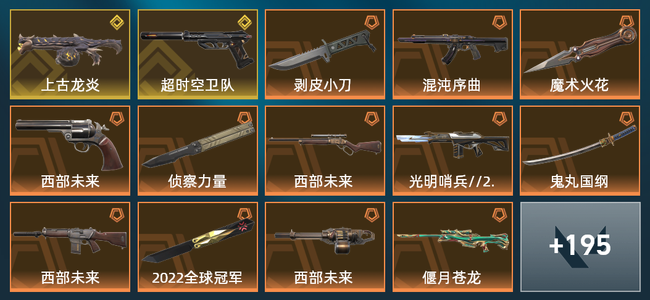 无畏契约53橙皮 2金皮 14紫皮 206皮肤 118560皮肤总价值 2195已用源晶
