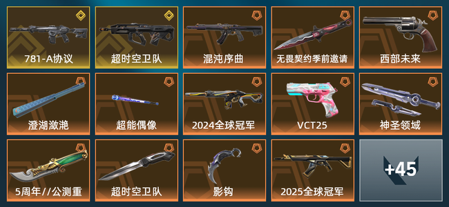 无畏契约13橙皮 2金皮 7紫皮 59皮肤 40640皮肤总价值 970已用源晶 铂金