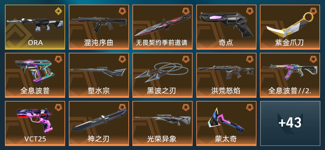 无畏契约14橙皮 1金皮 13紫皮 57皮肤 48480皮肤总价值 1015已用源晶