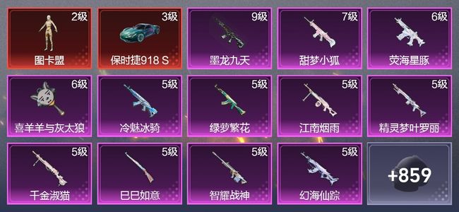 和平精英6载具 19升级枪 29粉装 9尾迹 487枪皮 362套装 177587热力 15印记 王牌