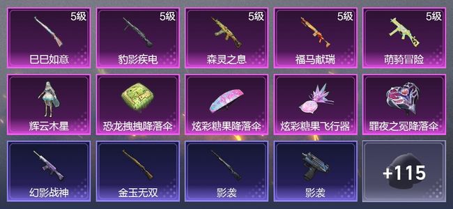 和平精英5升级枪 1粉装 1尾迹 79枪皮 58套装 21996热力 1印记 星钻