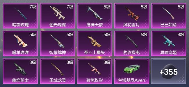 和平精英5载具 13升级枪 18粉装 9尾迹 189枪皮 136套装 17印记