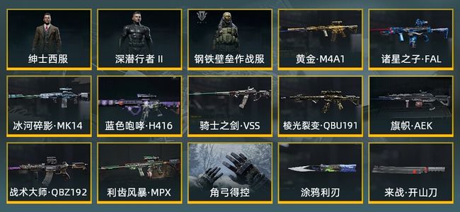 暗区突围库存价值132.0M 1手套 2近战武器 3金套装 9金枪皮 信誉5级 大师