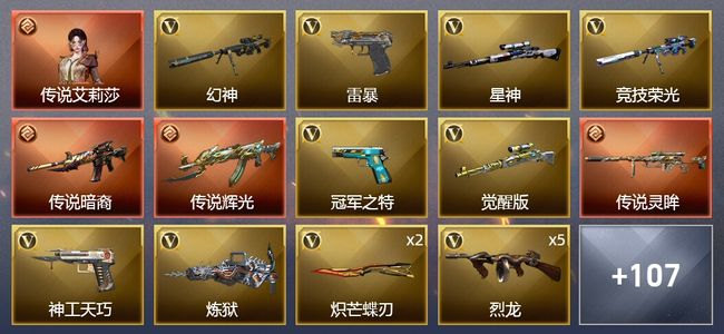 穿越火线（CF）1传说角色 3传说武器 2王者武器 2炫金武器 128V武器 12V角色 66皮肤 可排位