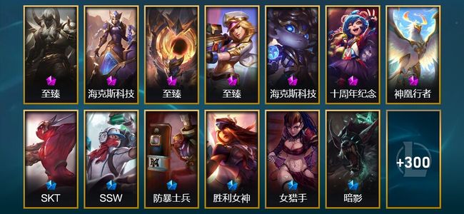 英雄联盟（LOL）7神话 1臻彩 37限定 28传说 313皮肤 54炫彩 162英雄
