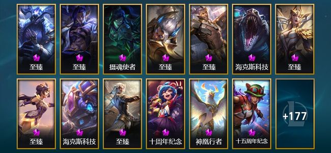 英雄联盟（LOL）13神话 4臻彩 24限定 25传说 190皮肤 42炫彩 171英雄 白银