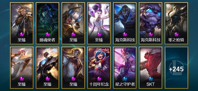 英雄联盟（LOL）11神话 4臻彩 34限定 27传说 258皮肤 89炫彩 168英雄