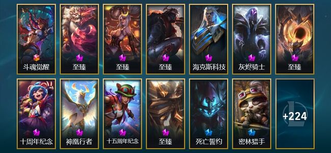 英雄联盟（LOL）1终极 10神话 25限定 37传说 237皮肤 94炫彩 172英雄