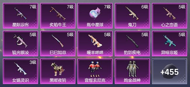 和平精英1载具 11升级枪 10粉装 264枪皮 201套装 86995热力 13印记 王牌