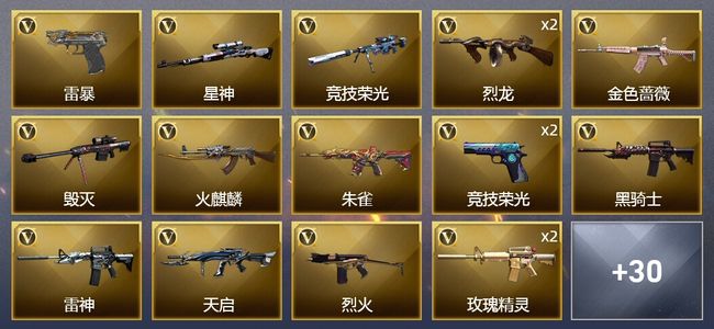 穿越火线（CF）2王者武器 1炫金武器 67V武器 2V角色 12皮肤 可排位