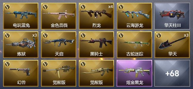 穿越火线（CF）2王者武器 4炫金武器 67V武器 2V角色 21皮肤 可排位 大师