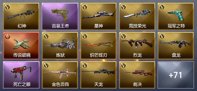 穿越火线（CF）1传说武器 4王者武器 1炫金武器 84V武器 6V角色 44皮肤 可排位 枪王