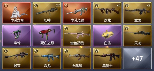 穿越火线（CF）1传说角色 1传说武器 2王者武器 1炫金武器 73V武器 1V角色 17皮肤 可排位 枪王