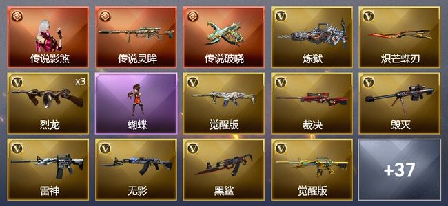 穿越火线（CF）1传说角色 2传说武器 1王者武器 1炫金武器 49V武器 1V角色 14皮肤 可排位 新锐