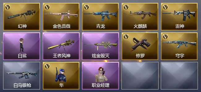 穿越火线（CF）1王者武器 1炫金武器 7V武器 1V角色 5皮肤 可排位 新锐