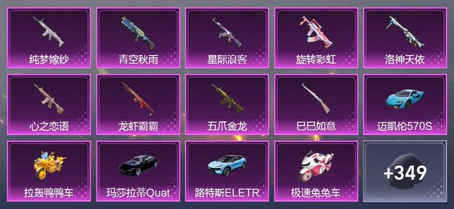 和平精英6载具 9升级枪 19粉装 1尾迹 239枪皮 201套装 88401热力 12印记
