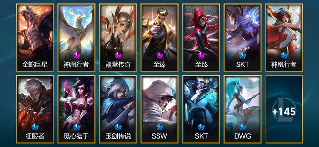 英雄联盟（LOL）1圣堂 4神话 8臻彩 24限定 15传说 158皮肤 121炫彩 172英雄