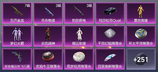 和平精英1载具 3升级枪 4粉装 4尾迹 142枪皮 132套装 49929热力 4印记 黄金
