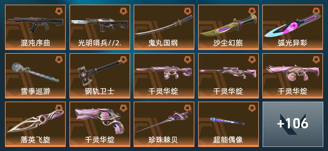 无畏契约20橙皮 11紫皮 120皮肤 27英雄 189卡面 1300已用源晶