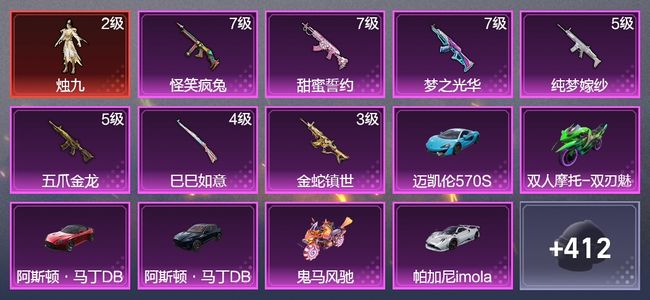 和平精英7载具 7升级枪 9粉装 5飞行器 216枪皮 176套装 88119热力 8印记