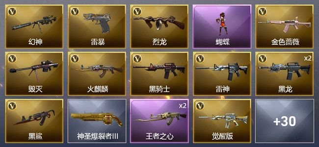 穿越火线（CF）2王者武器 2炫金武器 50V武器 1V角色 19皮肤 可排位