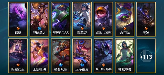 英雄联盟（LOL）1神话 1臻彩 19限定 23传说 126皮肤 42炫彩 171英雄 钻石