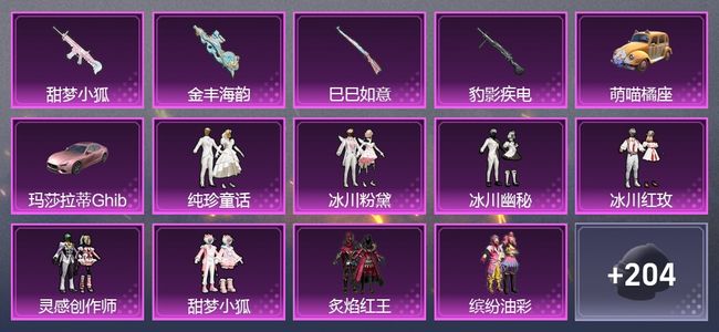 和平精英2载具 4升级枪 14粉装 2尾迹 137枪皮 104套装 49442热力 6印记