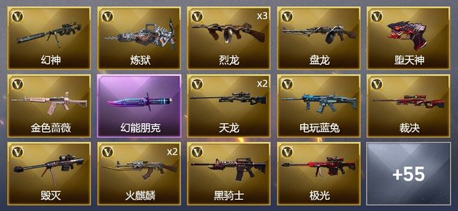 穿越火线（CF）1王者武器 3炫金武器 74V武器 2V角色 21皮肤 可排位