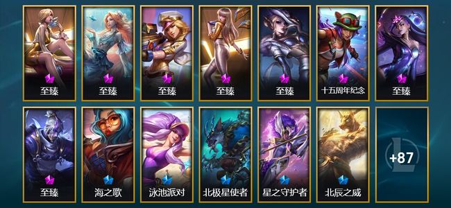 英雄联盟（LOL）8神话 5臻彩 13限定 10传说 100皮肤 94炫彩 101英雄