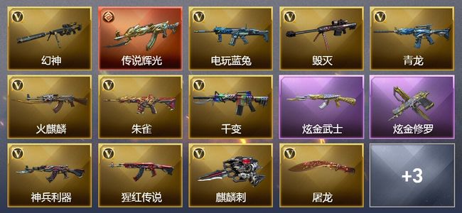 穿越火线（CF）1传说武器 4王者武器 2炫金武器 23V武器 6V角色 4皮肤 可排位