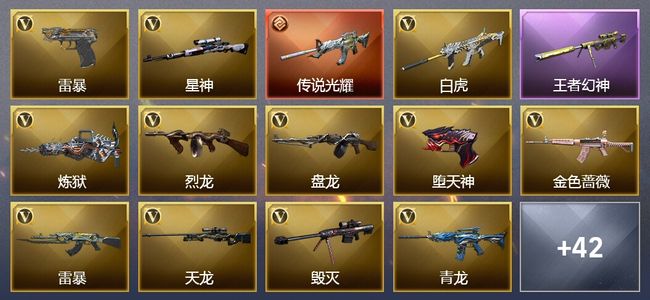 穿越火线（CF）1传说武器 10王者武器 7炫金武器 116V武器 7V角色 12皮肤 可排位