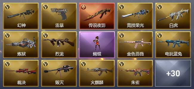 穿越火线（CF）1传说武器 16王者武器 1炫金武器 75V武器 11V角色 15皮肤 可排位