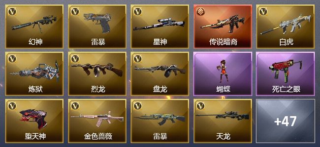 穿越火线（CF）1传说武器 13王者武器 6炫金武器 148V武器 12V角色 14皮肤 可排位