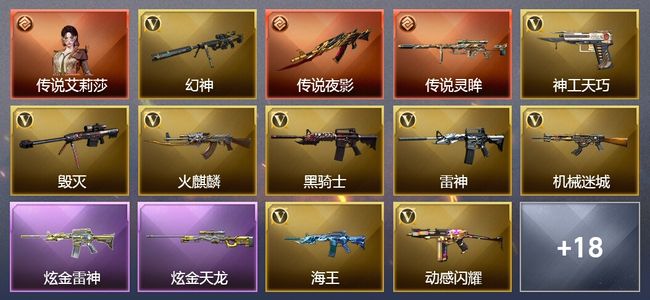 穿越火线（CF）1传说角色 3传说武器 8王者武器 2炫金武器 58V武器 7V角色 4皮肤 可排位