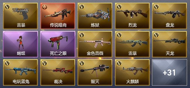 穿越火线（CF）1传说武器 6王者武器 3炫金武器 88V武器 4V角色 4皮肤 可排位