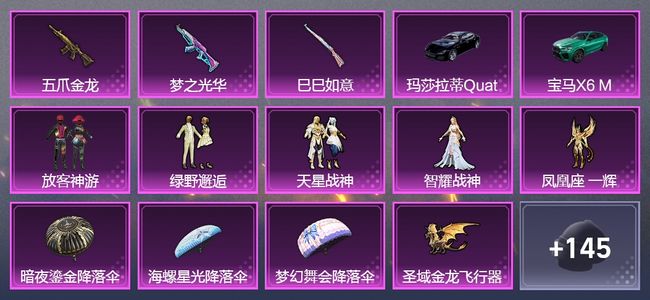 和平精英2载具 4升级枪 5粉装 1飞行器 93套装 38605热力 9印记