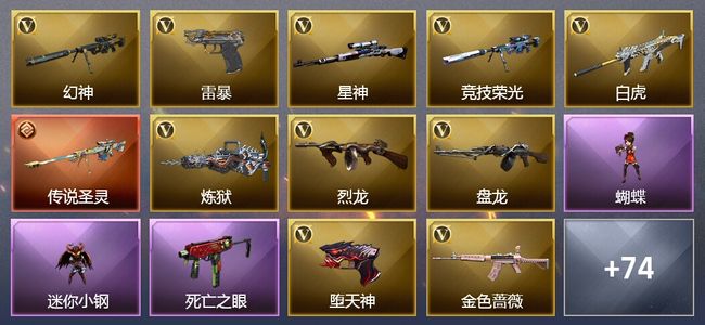 穿越火线（CF）1传说武器 7王者武器 1炫金武器 147V武器 22V角色 17皮肤 可排位