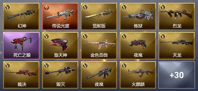 穿越火线（CF）1传说武器 6王者武器 5炫金武器 64V武器 20V角色 12皮肤 可排位
