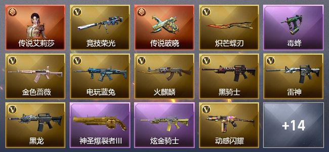 穿越火线（CF）1传说角色 2传说武器 1王者武器 1炫金武器 25V武器 17V角色 3皮肤 可排位