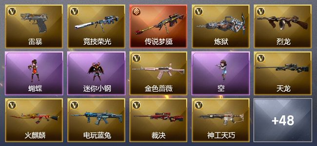 穿越火线（CF）1传说武器 11王者武器 2炫金武器 76V武器 31V角色 17皮肤 可排位