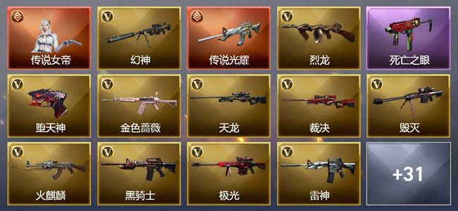 穿越火线（CF）1传说角色 2传说武器 14王者武器 5炫金武器 59V武器 12V角色 22皮肤 可排位