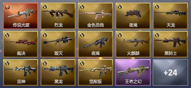 穿越火线（CF）1传说武器 9王者武器 4炫金武器 53V武器 19V角色 5皮肤 可排位