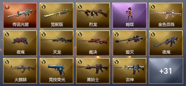 穿越火线（CF）1传说武器 8王者武器 4炫金武器 56V武器 9V角色 12皮肤 可排位