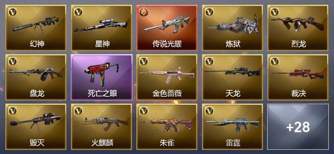 穿越火线（CF）1传说武器 16王者武器 3炫金武器 74V武器 5V角色 6皮肤 可排位